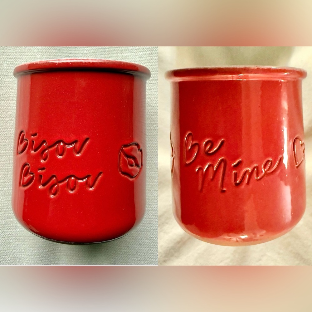 TWO RED MULTI-PURPOSE LA FERMIERE POTS - “BISOU BISOU” & “BE MINE” - FOR GIFTS